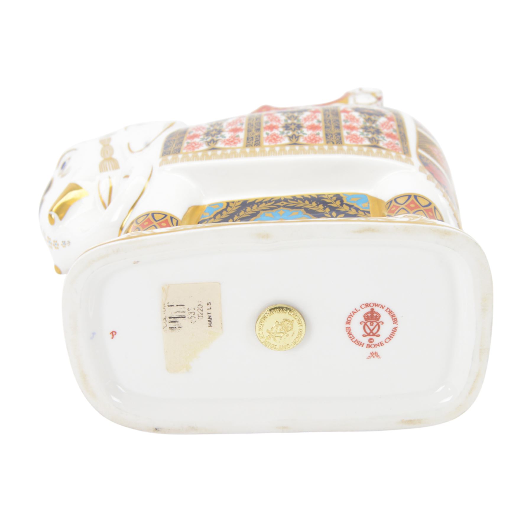 Royal Crown Derby paperweight, large Imari Elephant, decorated in the 1128 pattern, gold stopper, 22cm high.