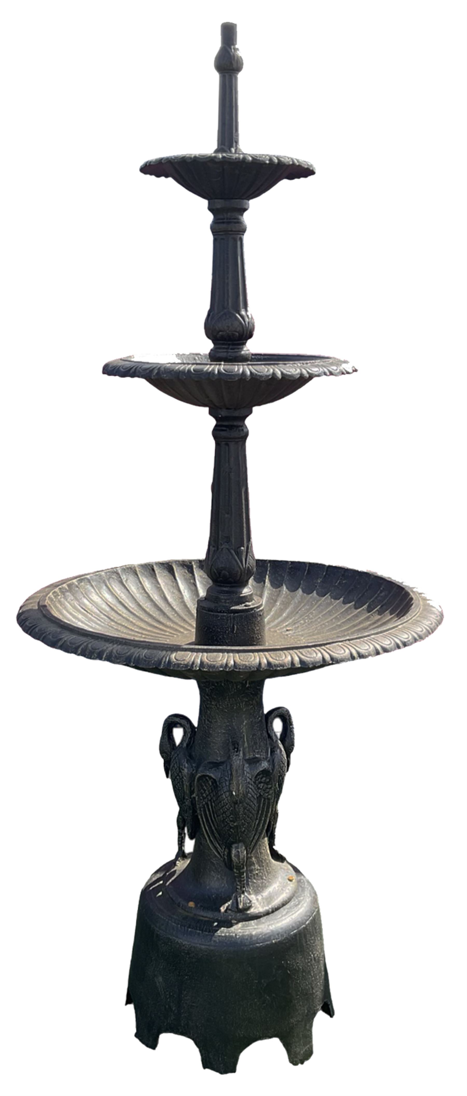 Victorian design large heavy cast iron garden centre-piece fountain, three graduating tiers, on swan base