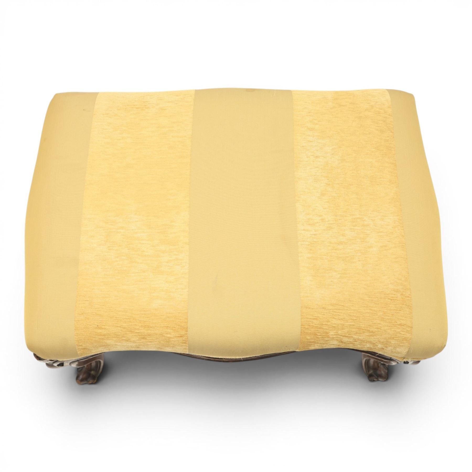 Victorian mahogany Cayley style footstool, serpentine upholstered seat raised on cabriole supports terminating in scroll feet
