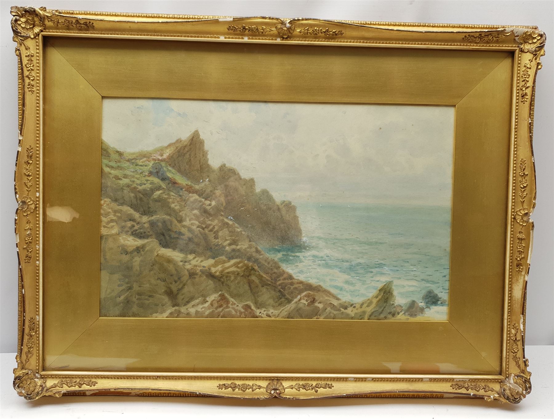 William Edward Croxford (British 1852-1926): Rocky Outcrop, watercolour heightened with white signed 28cm x 45cm; R Allam (British early 20th century): Shipping at Anchor, watercolour signed 20cm x 30cm (2)