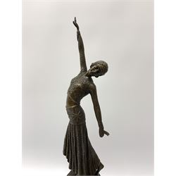 After Demetre Chiparus  (1886-1947), an Art Deco style bronze, modelled as a female figure, signed and with foundry mark, raised upon a circular stepped base, overall H37.5cm.