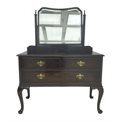 Waring & Gillow - Georgian design mahogany dressing chest, raised swing mirror back with bevelled plate, fitted with three drawers, raised on cabriole feet