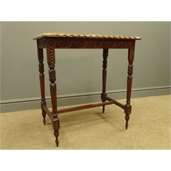  20th century carved walnut occasional rectangular table, four carved supports, W64cm, H67cm, D40cm  