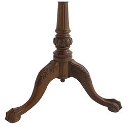 Georgian design hardwood tripod table, moulded pie-crust tilt-top, turned and fluted column carved with foliage, on three acanthus leaf carved splayed supports with ball and claw feet