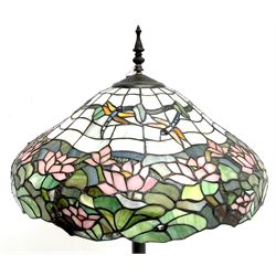Tiffany style standard lamp, the shade decorated with dragonflies and flowers, reeded column on circular base