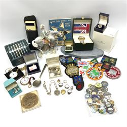 Assorted collectables, to include a quantity of pin badges, blazer badges, buttons, two vintage calculators, WW2 wound badge, three silver rings, and quantity of costume jewellery and watches, Continental bisque figure of a horseman, etc., in one box 