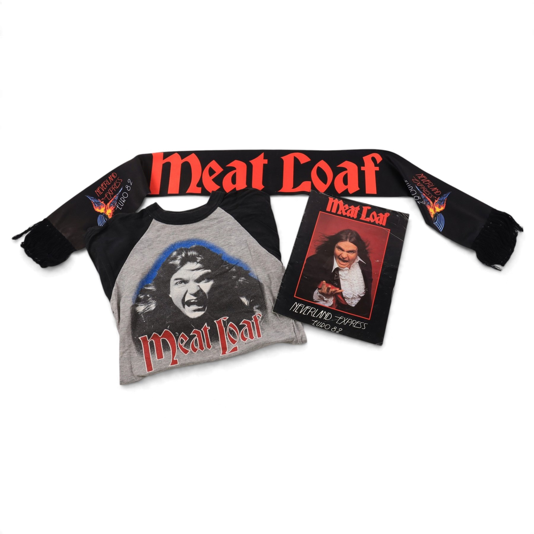 1982 Meatloaf Neverland Express tour scarf and programme, together with a 1984/5 Meatloaf tour t-shirt