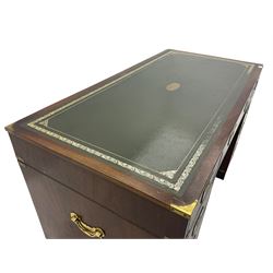 Bevan Funnell Reprodux - Military style mahogany twin pedestal desk, rectangular top with leather inset, fitted with eight drawers, on bracket feet