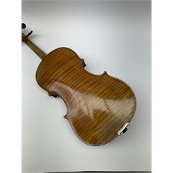 French Mirecourt violin c1920s with 36cm one-piece maple back and ribs and spruce top, labelled Jermone Thibouville-Lamy, L59cm, in fitted carrying case with German bow and 1984 valuation certificate by Frome Valley Music