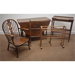  19th century ash and elm Windsor armchair, shaped pierced splat back, crinoline stretcher, turned supports, an oak drop leaf table with barely twist supports, tea trolley and two towel rails  