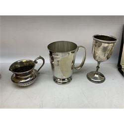 Collection of silver plate, to include set of case spoons by James Walker, jug by Potters of Sheffield, candle holder and snuffer etc
