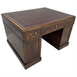 George III mahogany twin pedestal partner's desk, moulded rectangular caddy top with tooled leather inset, one side fitted with nine drawers and the opposing side fitted with single drawer, two false drawers and two panelled cupboards, ornate cast gilt metal handles and handle plates, on plinth base