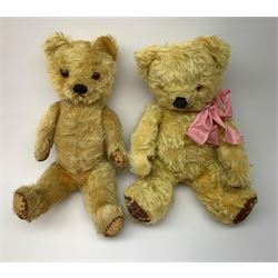 Five English teddy bears c1930s-50s comprising Chad Valley with swivel jointed head, glass eyes, vertically stitched nose and mouth and jointed limbs with rexine pads H16