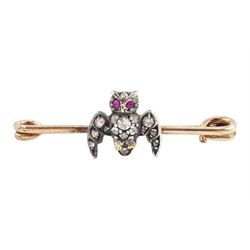 19th / early 20th century gold and silver, old cut diamond owl brooch, with cabochon ruby set eyes