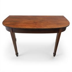Late Georgian mahogany console side table, D-shaped top with reeded edge, above an inlaid frieze on square tapering supports with spade feet