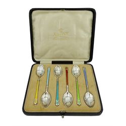 Set of six Art Deco silver and enamel teaspoons by Mappin & Webb, Sheffield 1916/17, approx 2.2oz, in original fitted case