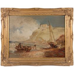 English School (Early 20th Century): Boats Washed Up on the Coast, oil on board indistinctly signed and dated 1915, 20cm x 40cm 