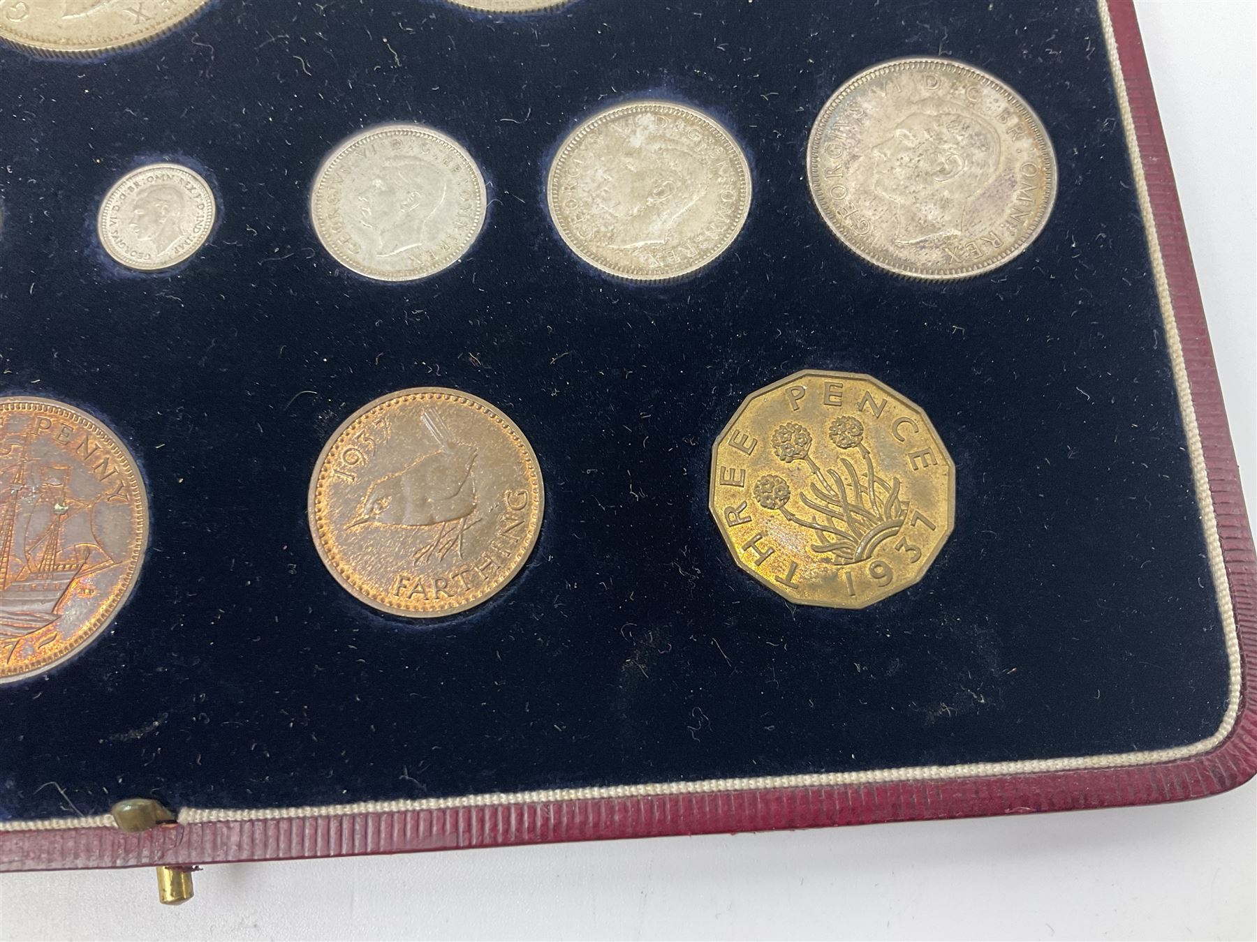 King George VI 1937 specimen coin set, fifteen coins from farthing to crown including Maundy money, in the original case