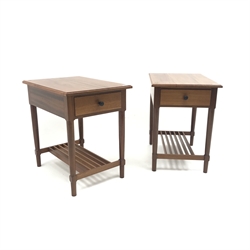  Pair mahogany bedside tables, single drawer, turned supports joined by slatted under tier, W41cm, H58cm, D59cm  