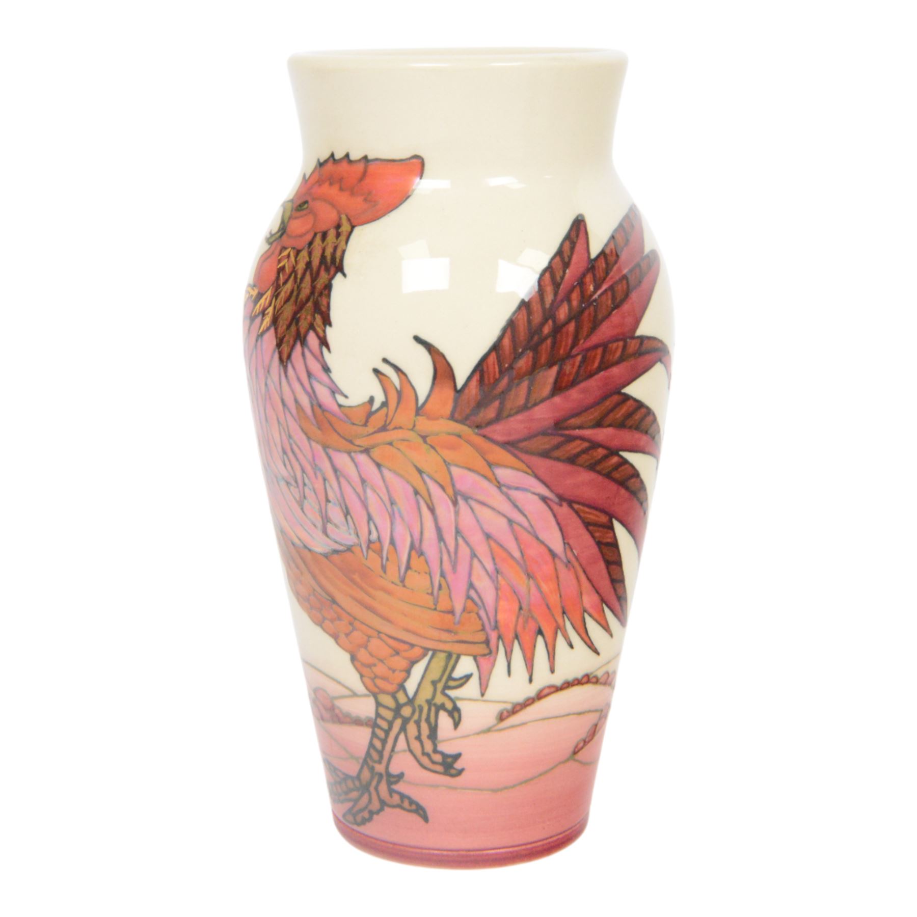 Dennis Chinaworks, Cockerels vase, dated 2005, baluster form decorated with red lustre cockerels on a white ground, limited edition 5/25, printed and painted marks beneath, H21cm