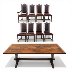 Carolean revival oak dining table and eight chairs (7+1), refectory table with rectangular...