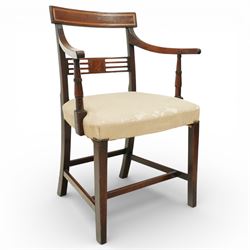 Georgian design mahogany dining chairs, a set of six including two carvers and four side chairs, each with rectangular moulded crest rail above a horizontal splat with central inlaid panel, upholstered seats, raised on square section supports united by stretchers