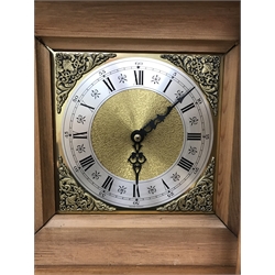  Polished pine cottage longcase clock with square brass dial, twin train movement ting tang chiming the half hours on rods, H172cm  