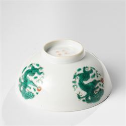 Chinese famille verte dragon bowl, apocryphal Chenghua mark in red to base, D12cm; with another famille verte bowl (2)