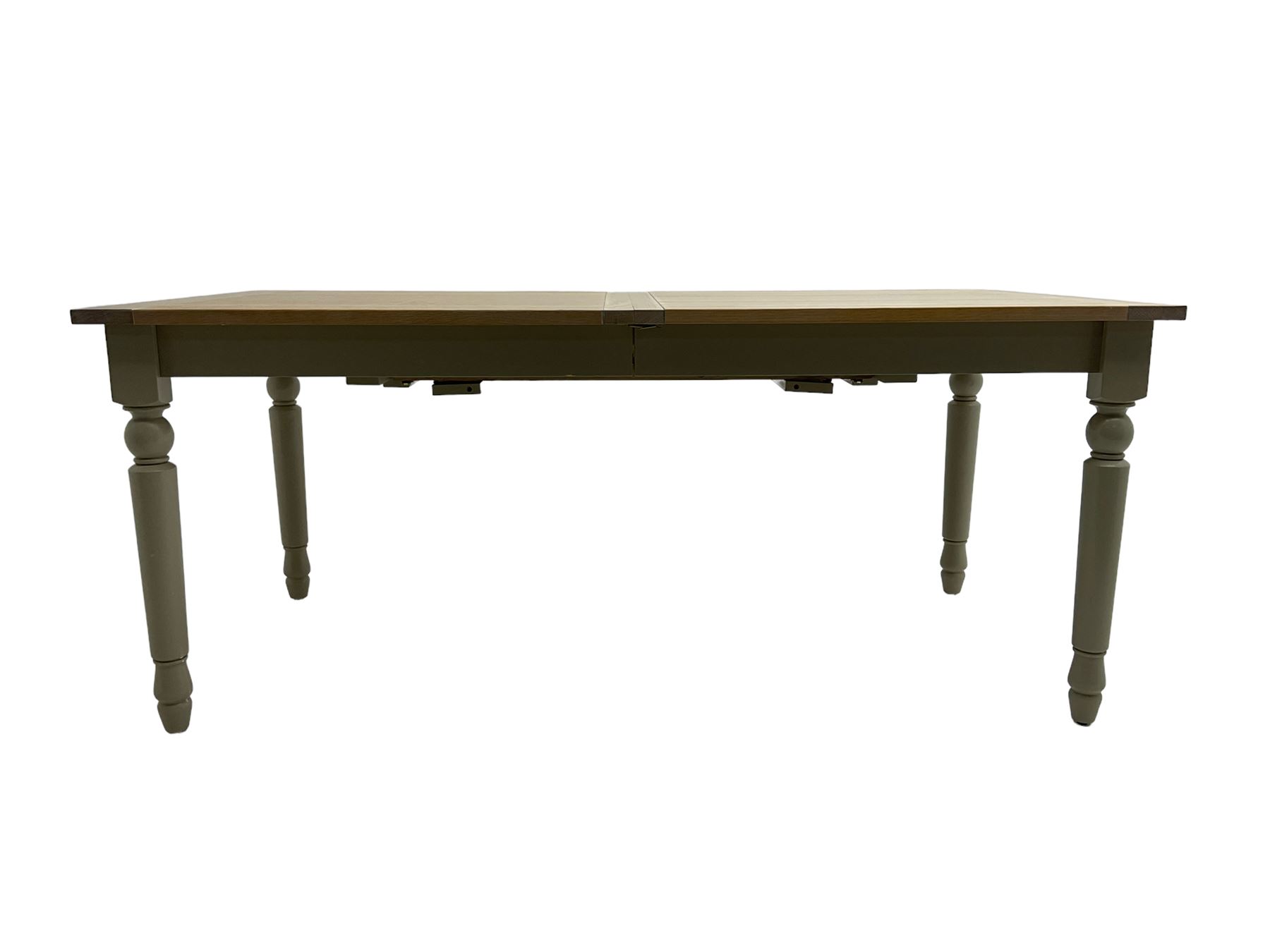 Neptune - 'Suffolk' 8-12 seat extending dining table, rectangular oak with breadboarded ends, on light grey finish base with turned supports, three additional leaves
