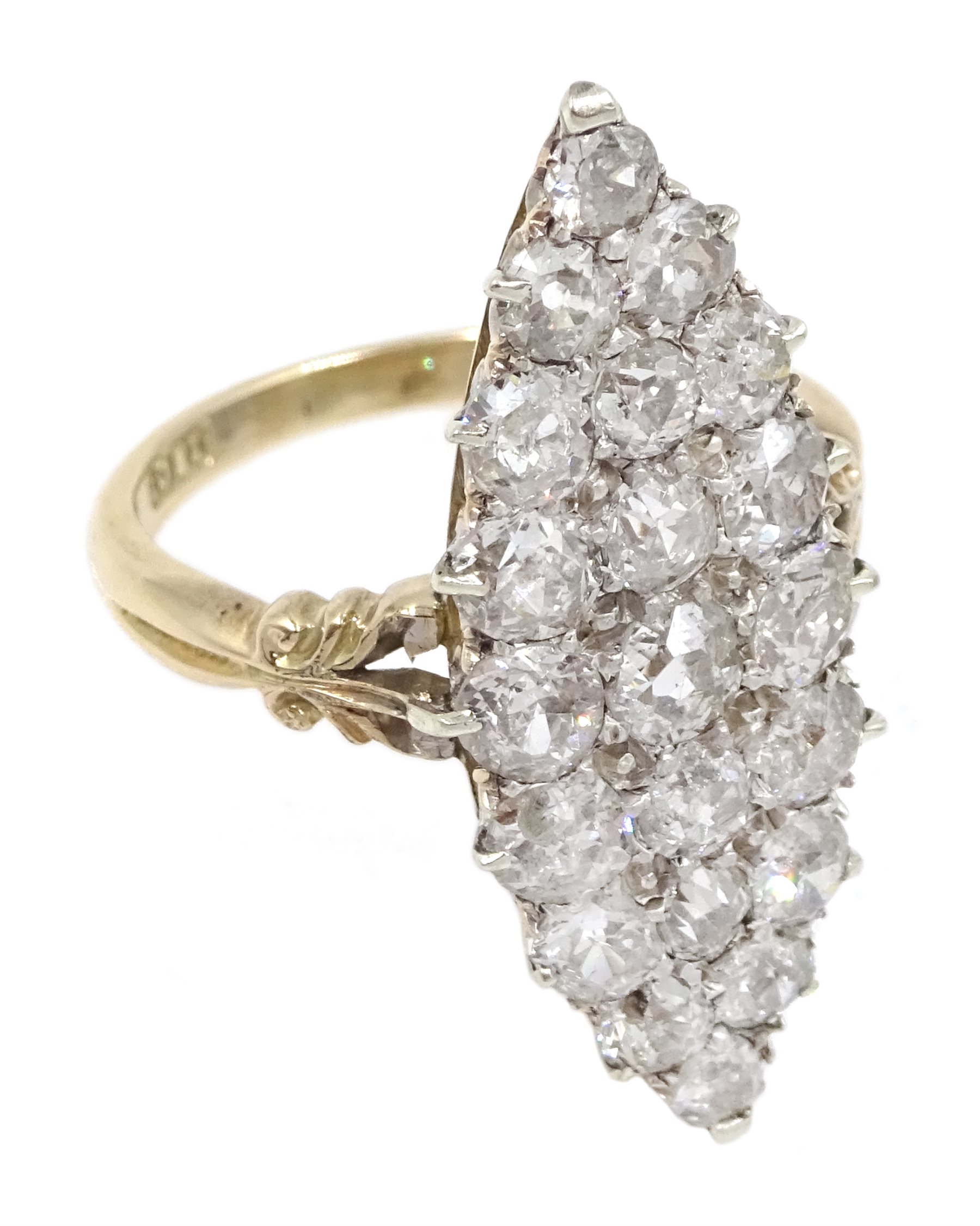 Victorian rose gold and silver, diamond marquise shaped ring, total diamond weight approx 1.70 carat