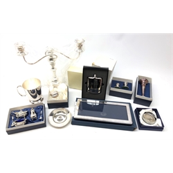  Ex-retail - Collection of silver & silver-plate by L R Watson: Golden Jubilee hallmarked silver mounted glass paperweight, trumpet vase, pair candlesticks, Celtic design hip flask, three piece cruet, tankard, glass inkwell, Labrador mounted pin dish, candelabra and photo frame, with original boxes (10)  