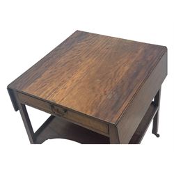 Georgian design mahogany drop-leaf table, rectangular top above a single drawer with brass handle, square supports united by arched undertier, on brass castors (W62cm, D65cm, H72cm); and a smaller mahogany drop-leaf table with single drawer on turned supports (W43cm, D61cm, H72cm)