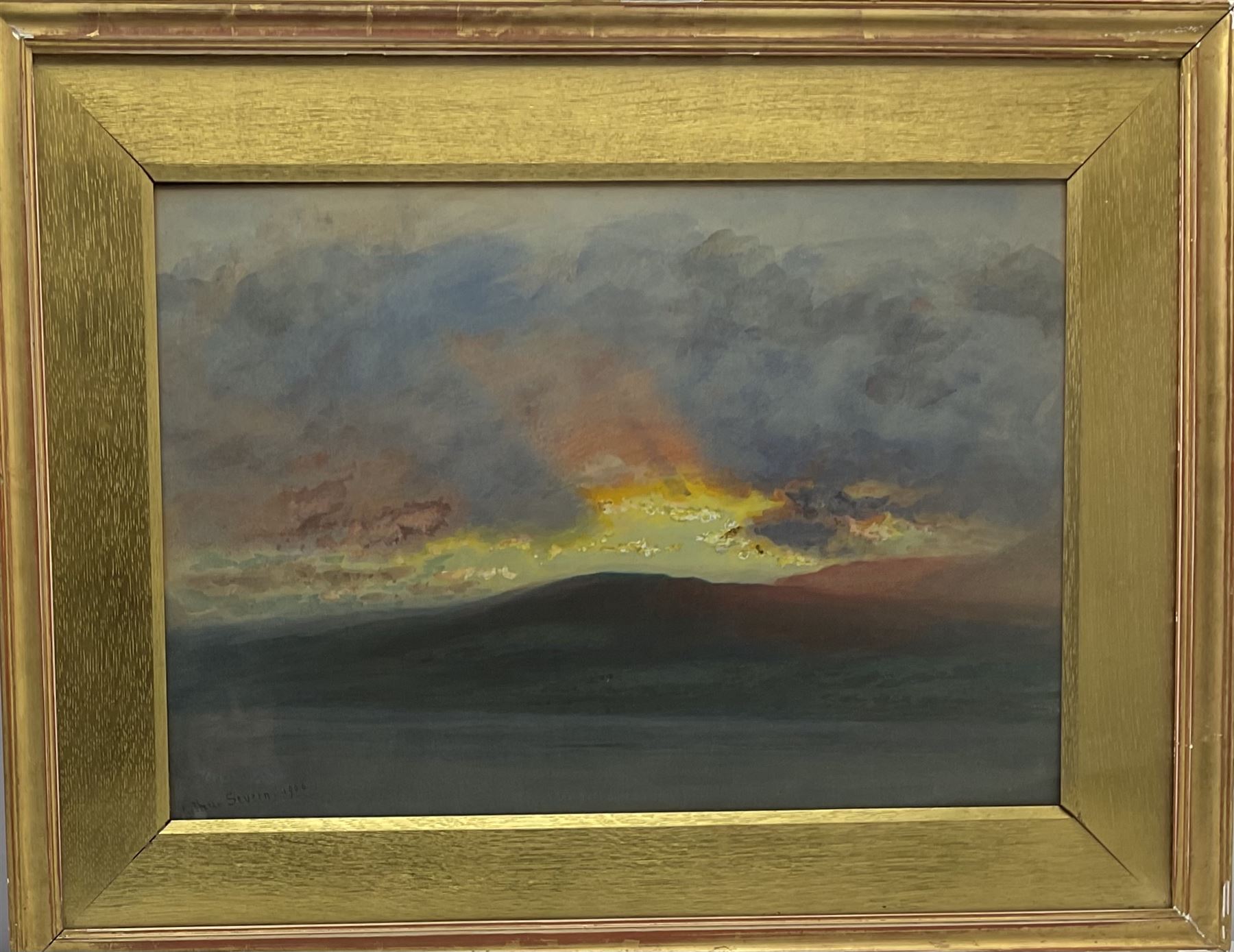 Joseph Arthur Palliser Severn RI ROI (British 1842-1931): 'Sun Effect over Walna Scar Coniston', gouache signed and dated 1906, titled on exhibition label verso 35cm x 52cm 
Provenance: exh. Royal Institute of Painters in Water Colours, label verso 
Notes: Arthur Severn came from a prominent artistic family, with his father Joseph, brother Walter and sister Mary also being painters. He was a good friend of the art critic John Ruskin, marrying his niece Joan Ruskin Agnew in 1871. From 1881 Joan and Arthur joined Ruskin at his house 'Brantwood' on Coniston Water, near where the present work was painted, for the last thirty years of Ruskin's life; the house was left to the Severns on Ruskin's death in 1900.