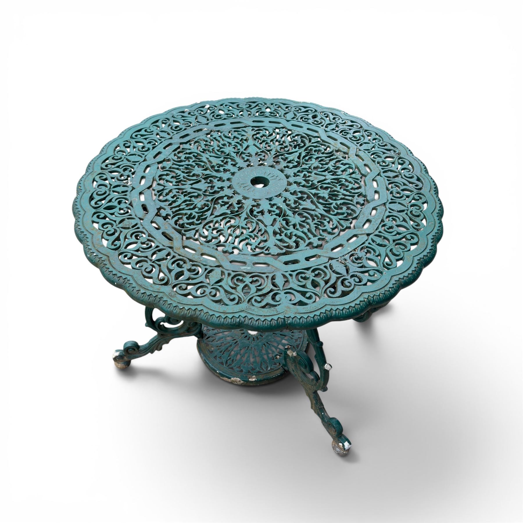 Victorian style cast aluminium garden table and four armchairs chairs in a weathered green finish