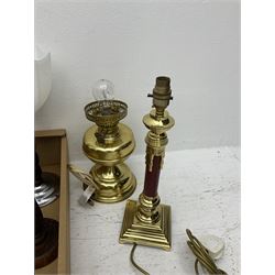 Seven table lamps including a wooden barley twist lamp with a glass shade, a converted oil lamp, tallest example H44cm