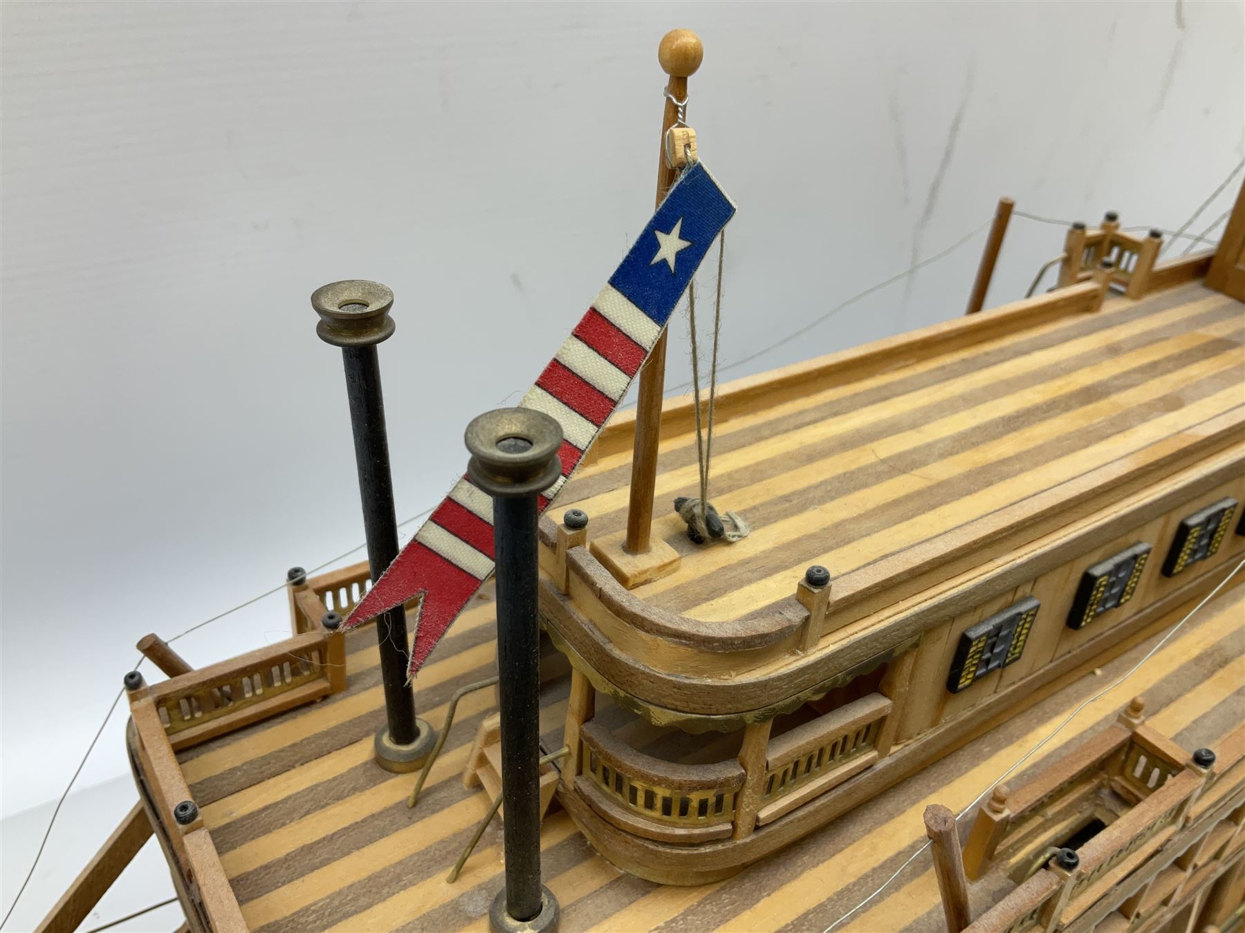 Hand built model of a river paddle steamer 'King of the Mississippi' and a sailing ship with three masts and unfurled sails, largest example H80cm, L101cm