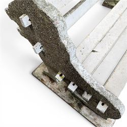 Composite stone white painted garden lion bench, the end supports in the form of standing lions, with pegged back and seat slats