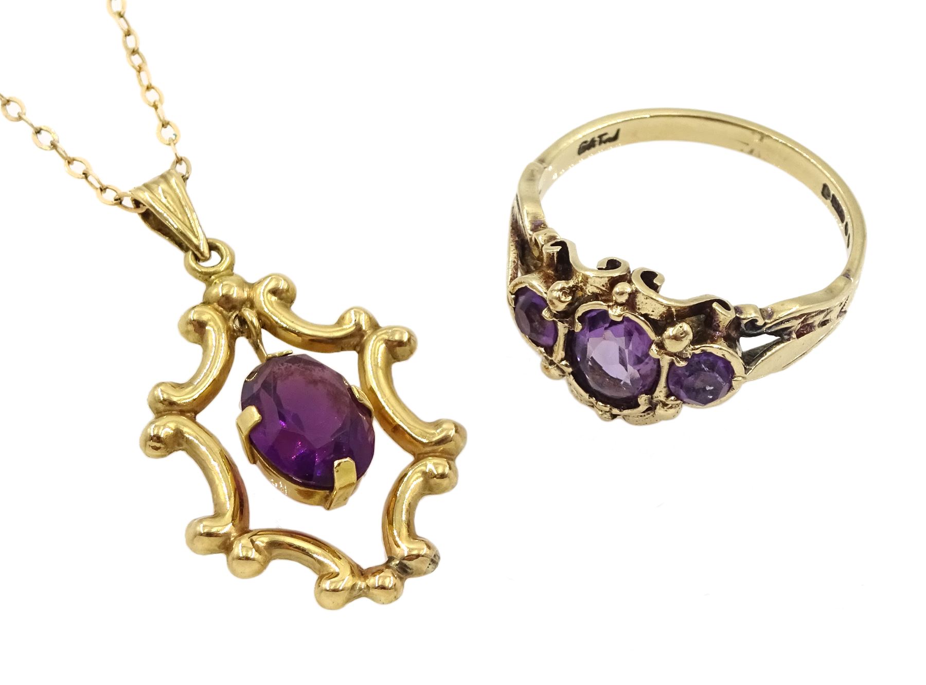 Gold amethyst pendant, stamped 18K, on 9ct gold chain necklace and a 9ct gold three stone amethyst ring, hallmarked