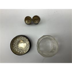 1930's silver lobster pick, hallmarked Birmingham 1936, two Victorian silver thimbles, glass dressing table jar with silver cover, part babies rattle with bone teething ring, approximate weighable silver (not including glass or rattle) 45.3 grams