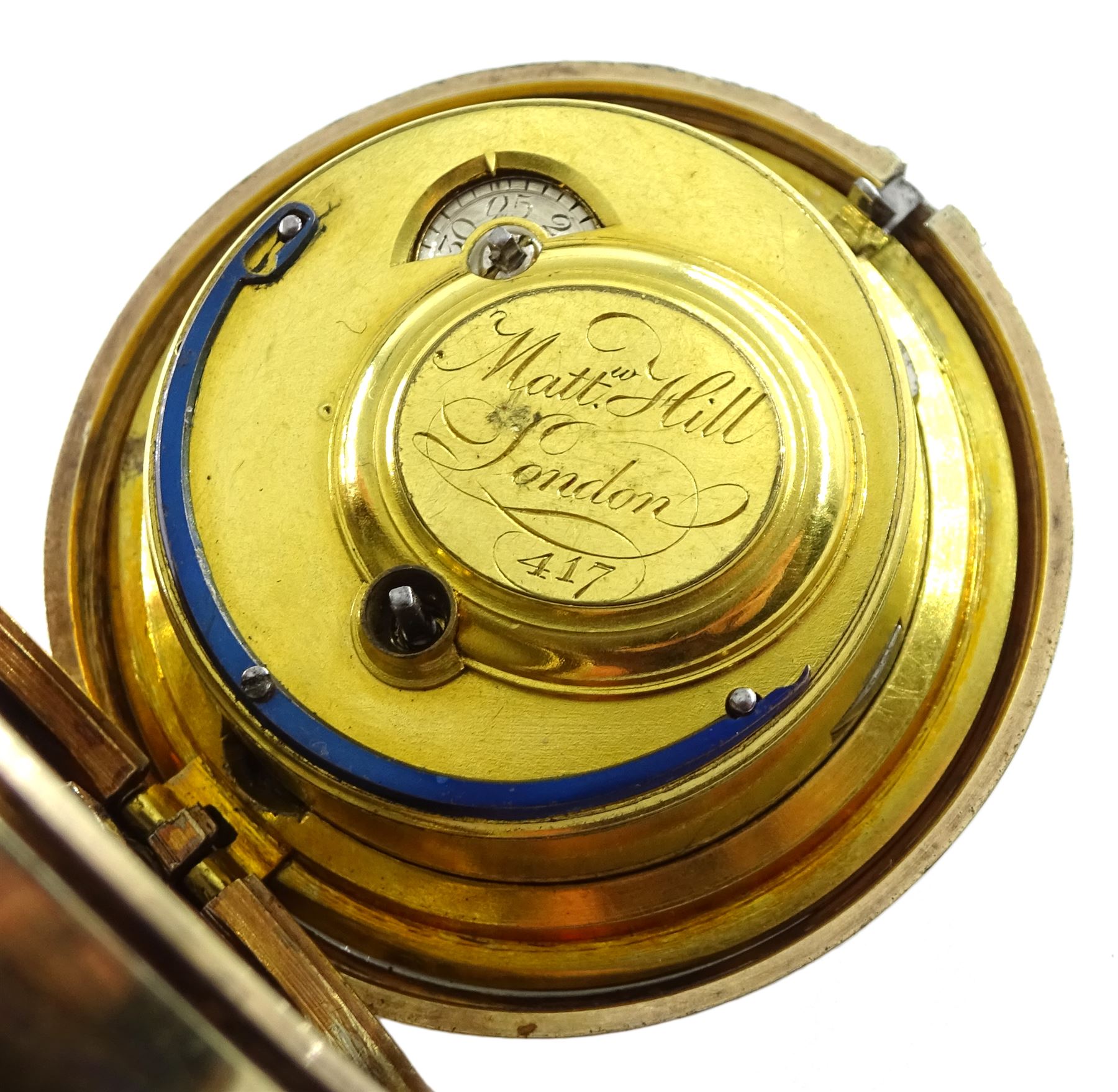 18th century gilt pair case quarter repeating cylinder fusee pocket watch by Matthew Hill (London 1744-ca.1790), No. 417, round pillars, pierced and engraved balance cock with diamond endstone, white enamel dial with Roman numerals, plunge repeat in the pendant, bull's eye glass, the outer case engraved with initials and bird with inscription 'Hazard Zit Forward'