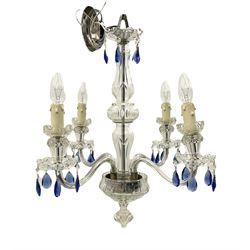 Glass four light chandelier, the baluster shaped central glass column supporting four curved branches with drip pans and blue glass drops, approx height excl fitting H50cm