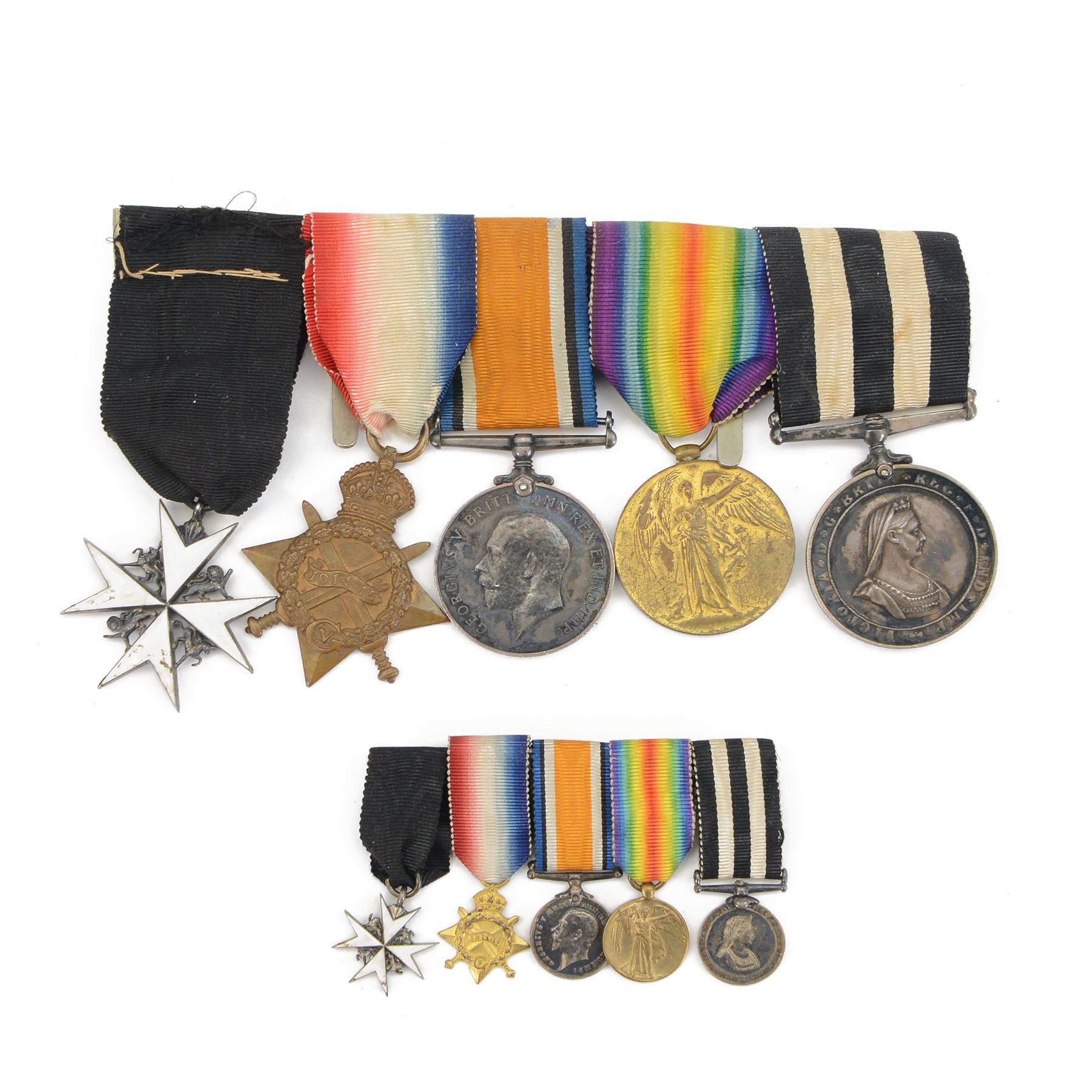 Surgeon Norman Jennings group of five medals and corresponding miniatures, comprising WWI trio; British War Medal, Victory Medal, 1914-15 Star and The Order of St. John Service Medal and Star 
During WWI Norman Jennings served as Surgeon Probationer for Royal Navy Volunteers Reserves. He went of the be the City of Hull Coroner 1935 
