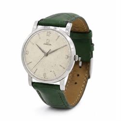 Omega gentleman's stainless steel manual wind wristwatch, silvered dial with baton and Arabic hour markers, on green leather strap