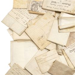 Yorkshire and miscellaneous deed interest - large collection of 18th and 19th century vellum indentures, wills, probate documents and property papers relating to wider Yorkshire towns and villages including Malton, Northallerton, Easingwold, Scarborough, the Humber, Barnsley, Ecclesfield, Great Leavening, Barton in the Willows, Flaxton and other areas, with documents concerning farmers, yeomen, tradesmen and landed families, many retaining wax seals and revenue stamps, together with a small quantity of non-Yorkshire and overseas-interest material including probate of Knobel Louis Benjamin du Gue, formerly of Brindisi, Italy, steam shipping agent, later of St Leonards-on-Sea, Sussex,  in one large box