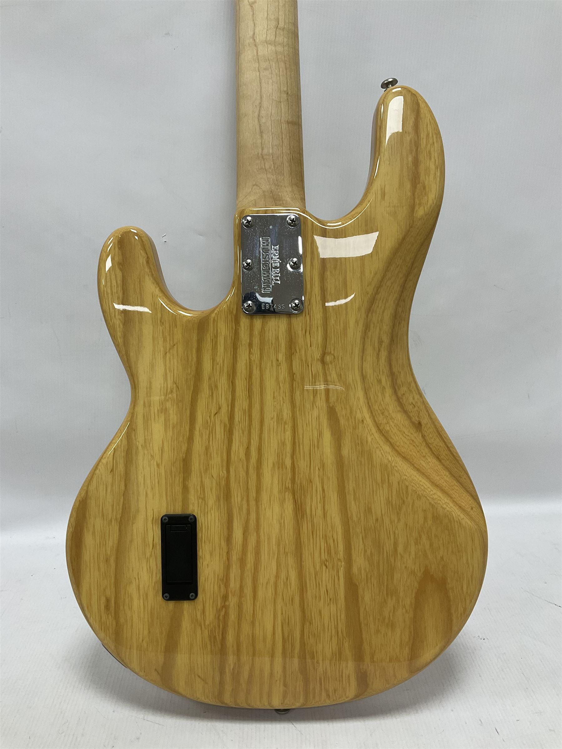 Ernie Ball Music Man Sting Ray 4 string bass guitar, in natural finish with roasted maple neck and tortoiseshell effect scratch guard, serial no 87485, in black Music Man hard case, guitar L114cm