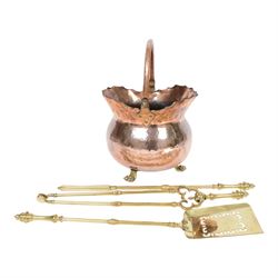 Victorian copper coal bucket, of bellied form with swing handle, upon three brass lion paw feet, not including handle H33cm, together with brass fireside accessories