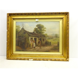  S Dawson (19th century): Selling the Pig outside a Thatched Cottage, oil on canvas signed 44cm x 64cm  