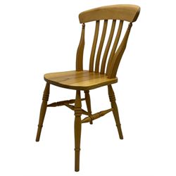 Light wood kitchen table; set of four chairs,  chairs have a shaped top rail over four vertical slats dished seat over turned legs on a H-stretcher 
