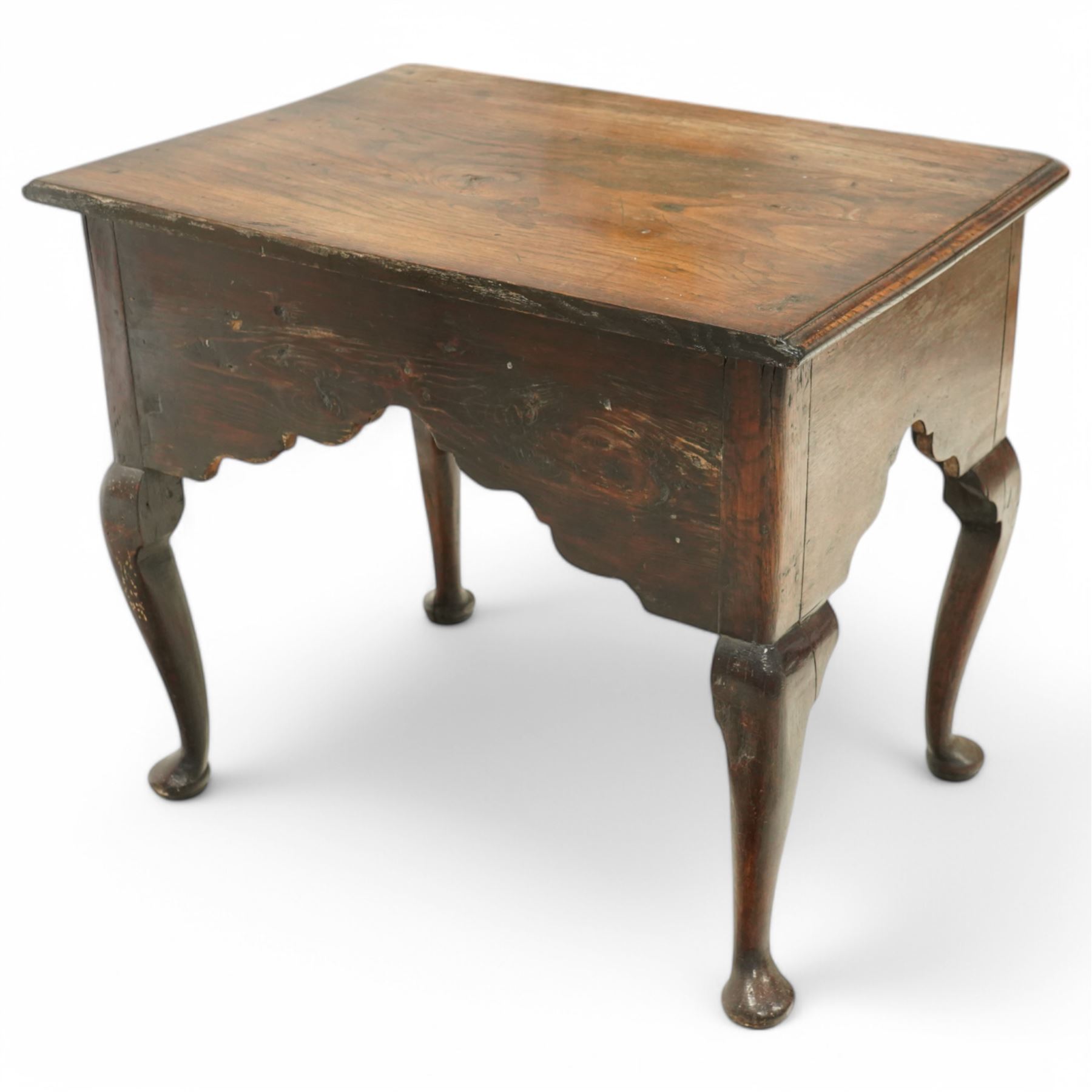 George III oak low-boy, moulded rectangular top over three small drawers and shaped apron, moulded drawer fronts fitted with turned handles, on cabriole supports