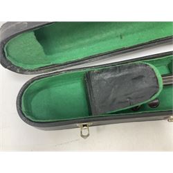 19th century full sized violin in a later hard case, decorative mother of pearl inlay to the tail piece Overall length 60cm No bow